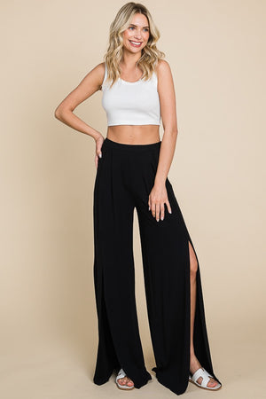 Mila Deep Slit Wide Leg Pants in Black