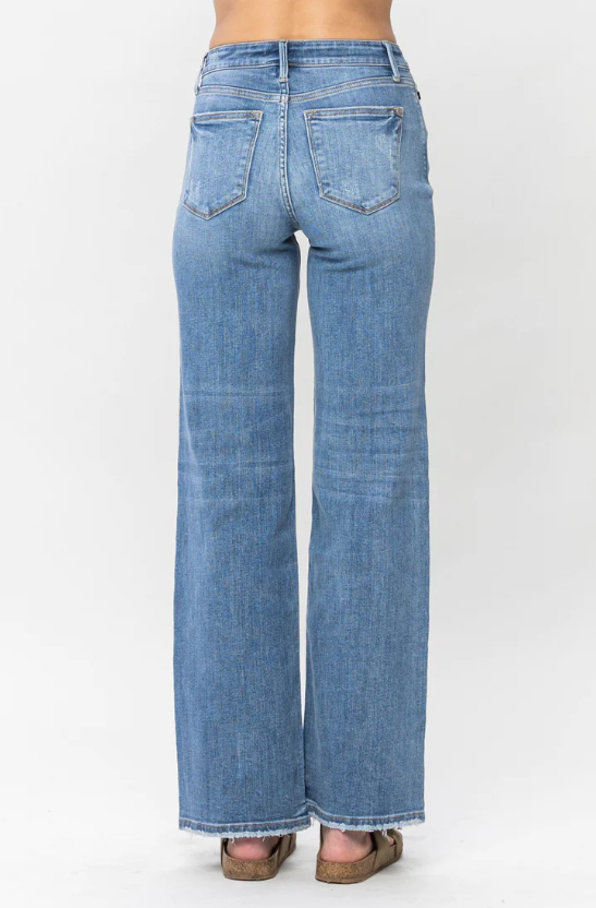 Judy Blue Wide-Leg Jeans with Frayed Hem