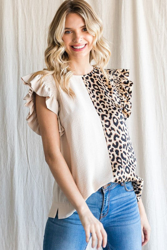 Jessie Cheetah Print Ruffle Top in Oatmeal - Our Stuff