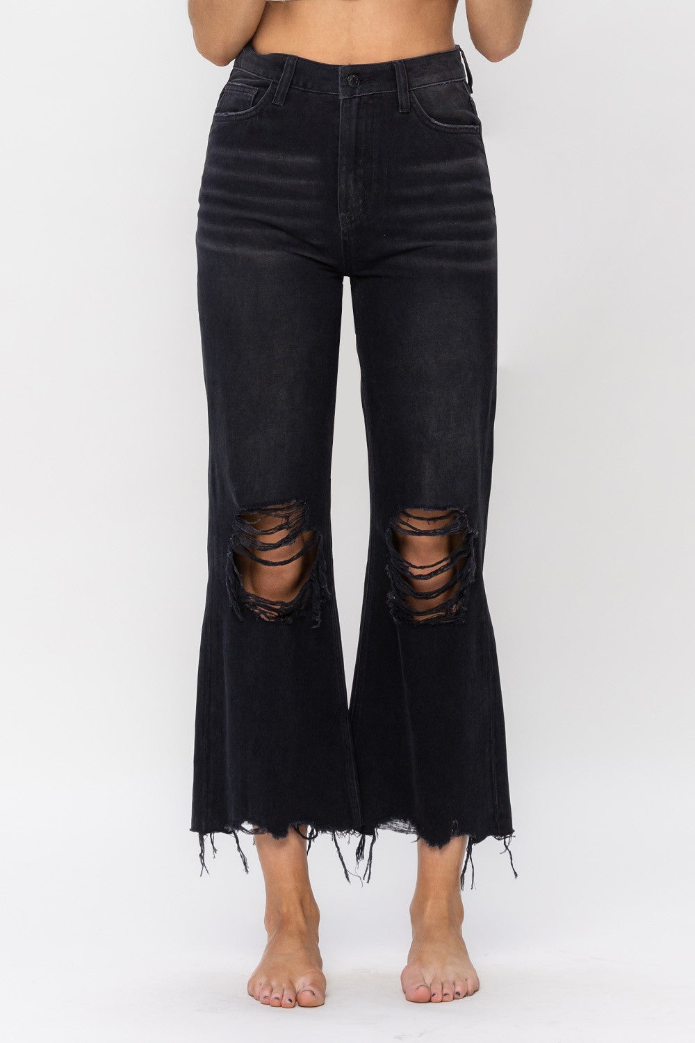 High Rise Cropped Flare Distressed Jeans in Black - Our Stuff
