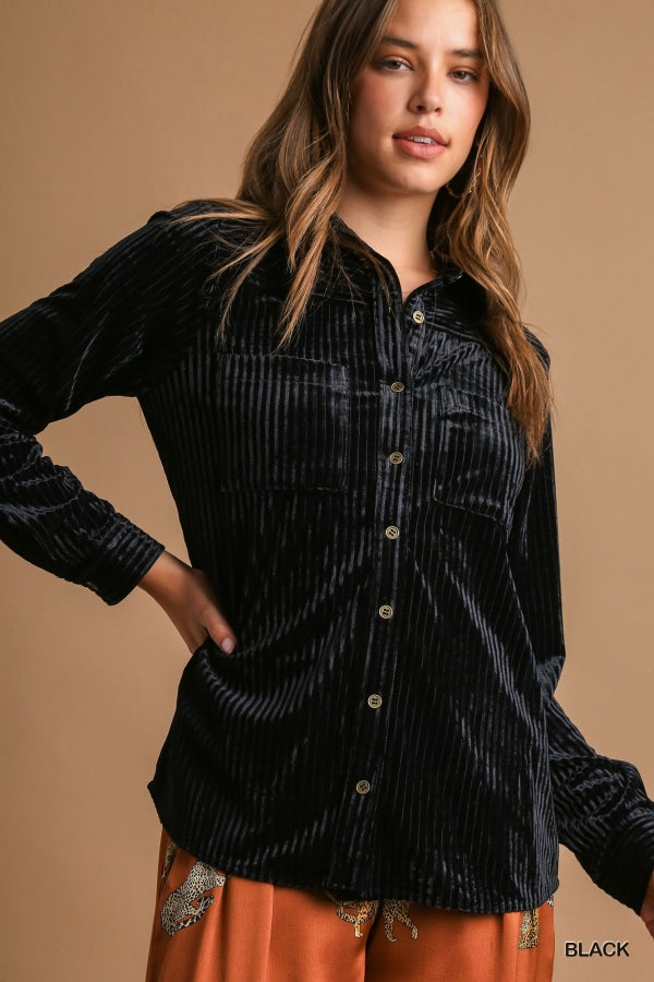 Black Velvet Button Front Top