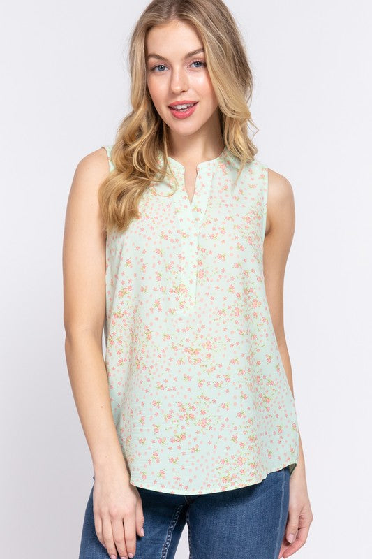 Lady May Sleeveless Henley Top in Mint