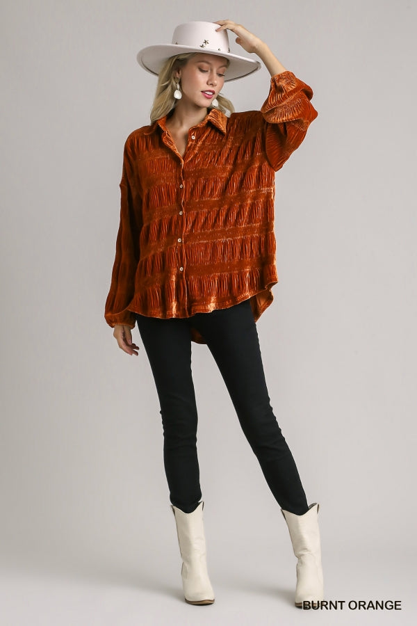 Brittany Tiered Gather Smocked Velvet Top in Burnt Orange - Our Stuff