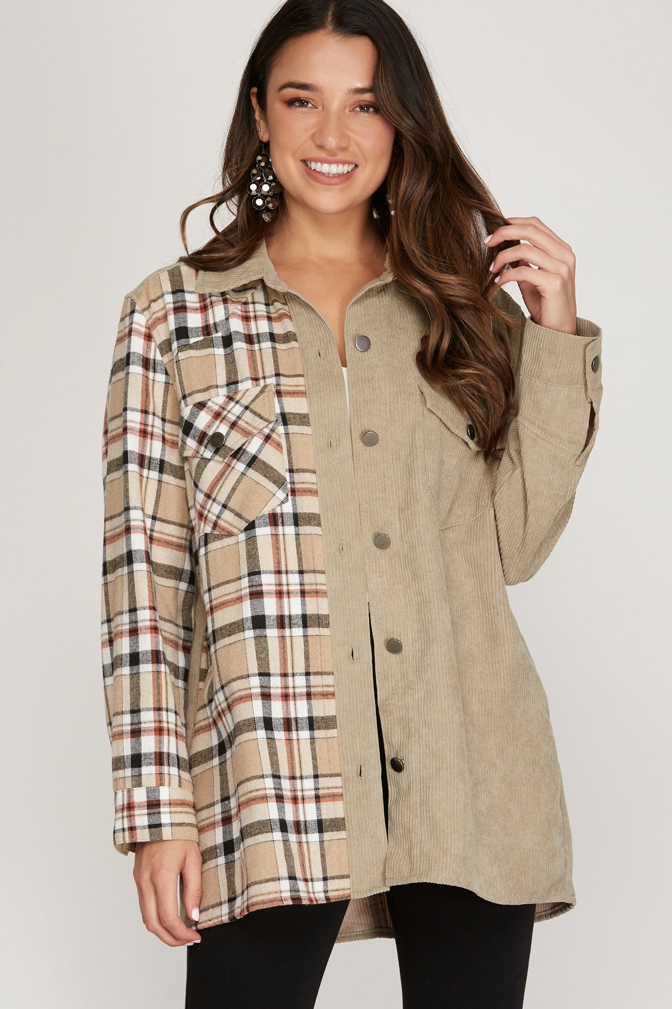 Lacy Corduroy & Plaid Shacket in Taupe - Our Stuff